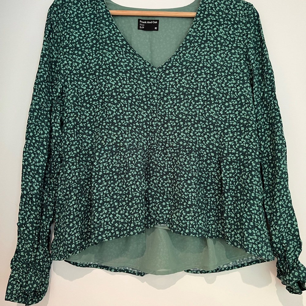 Frank & Oak Asymmetrical Green Long Sleeve Blouse